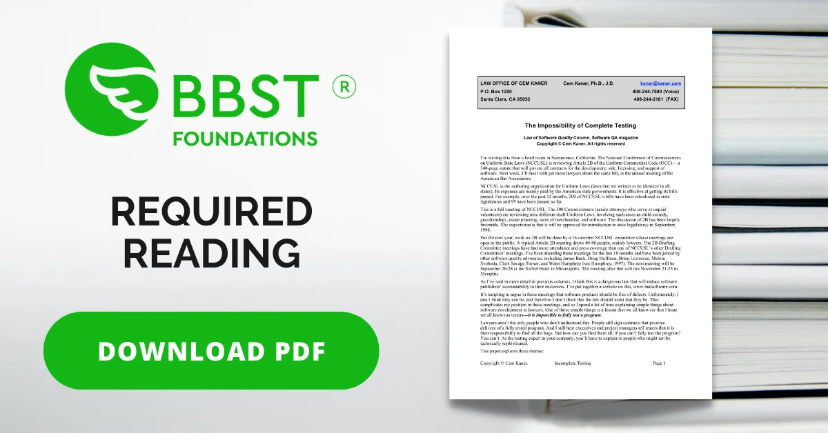 Cem Kaner article on impossibility of complete testing