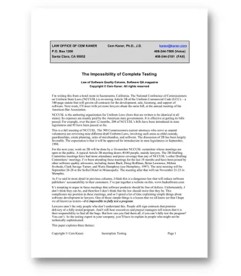 Kaner-impossibility-of-complete-testing Cem Kaner, Impossibility of complete testing - see article