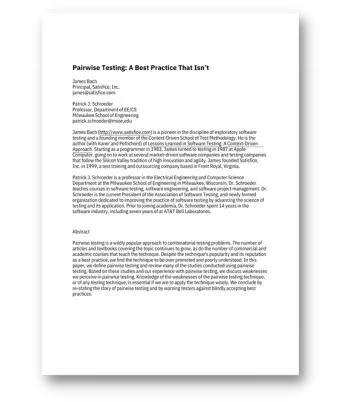 bach-pairwisetesting-practice James Bach and Patrick J. Schroeder: Pairwise Testing: A Best Practice That Isn’t