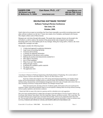 recruiting software testers Cem Kaner: Recruiting software testers