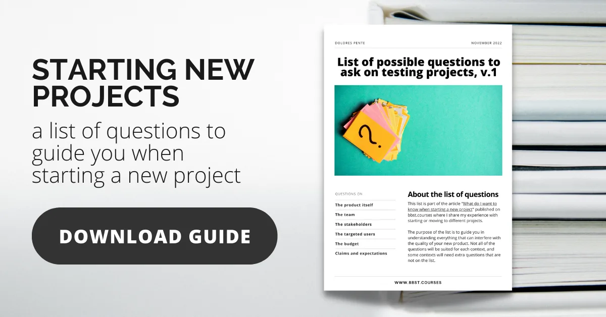 List of possible questions to ask on testing projects, v.1 Dolores Pente